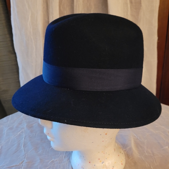 Vtg Doeskin Navy Blue 100% Wool Fedora Felt Hat w Ribbon Accent - Picture 6 of 8